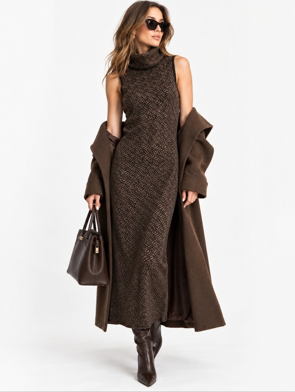 DKNY 100% Wool Monogram Jacquard Maxi Dress Sleeveless Turtleneck Brown Black M